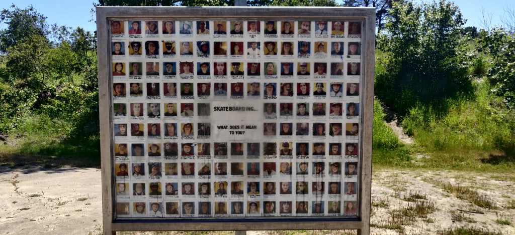 panneau devant un skate park avec la tête de plein de skateurs connus venus skater ici